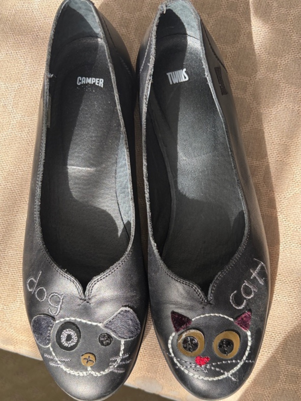 Camper Black Leather Cat & Dog Appliqué Ballet Flats